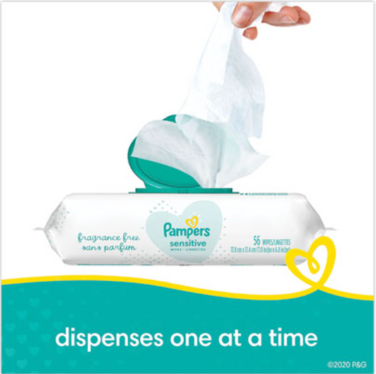 Pampers® Sensitive Baby Wipes, 1-Ply, 6.8 x 7, Unscented, White, 56/Pack