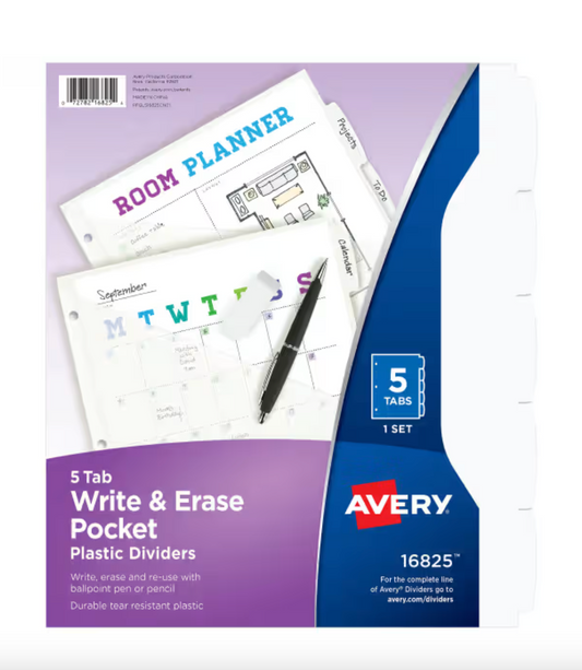 Avery® Durable Plastic 5-Tab Write & Erase Dividers, Slash Pocket, Translucent White